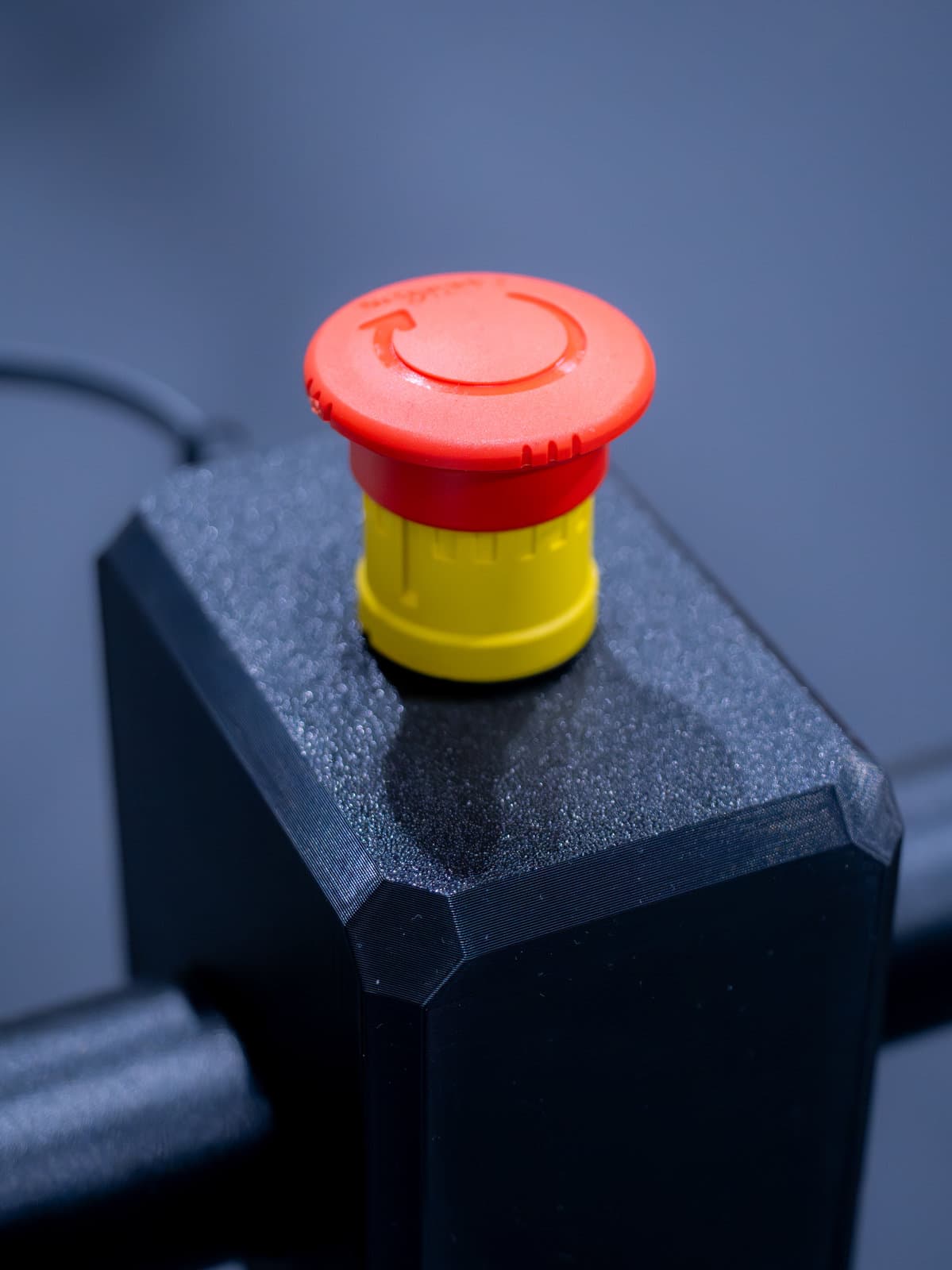 Close-up of the red and yellow twist-release emergency stop button on the handrail.