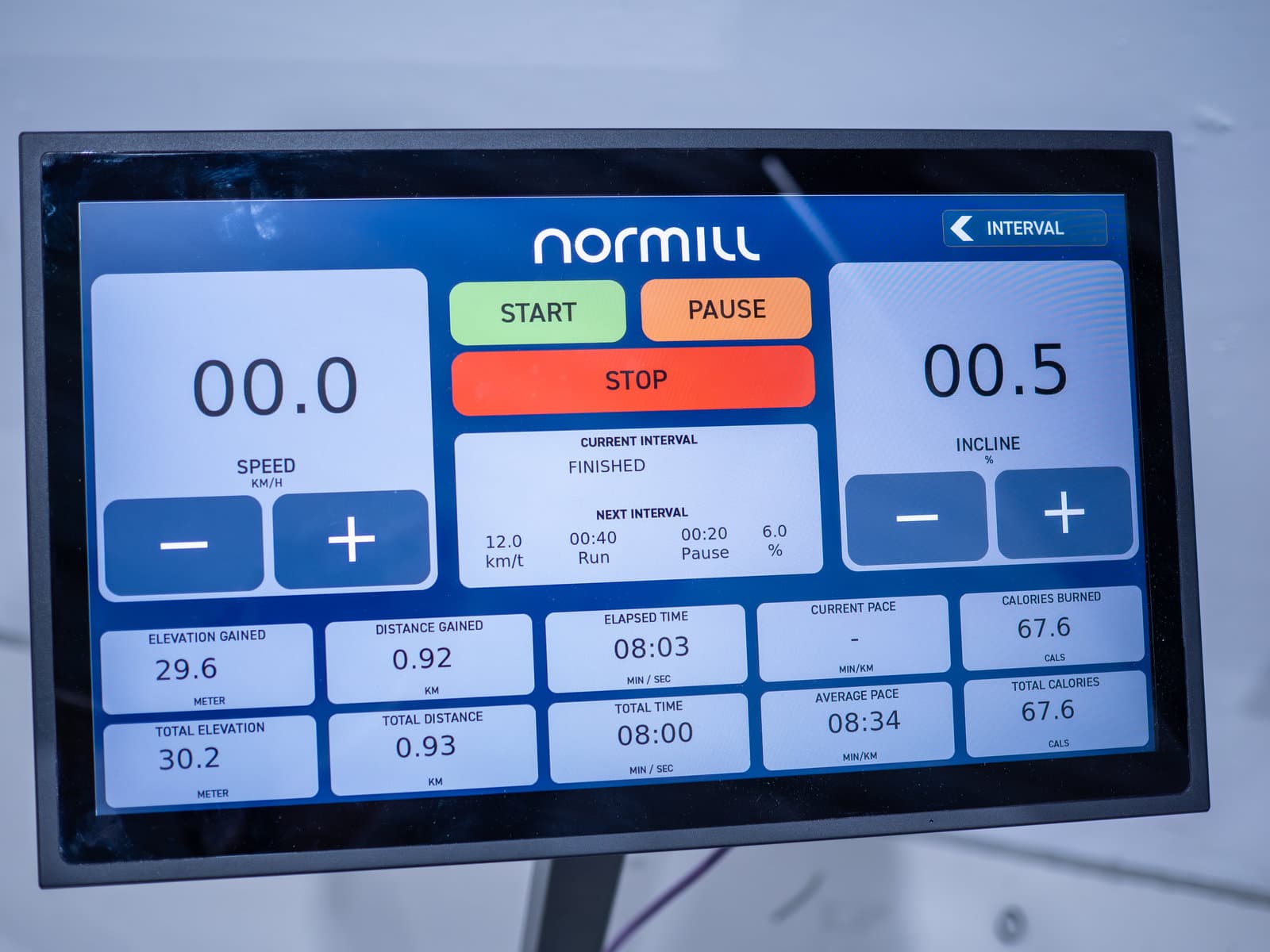 The ProPanel touchscreen showing speed, incline, interval programme and session metrics.